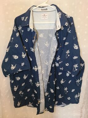 Ditch Plains Navy Blue Tropical Hawaiin Mens Button Up Polo 4XL